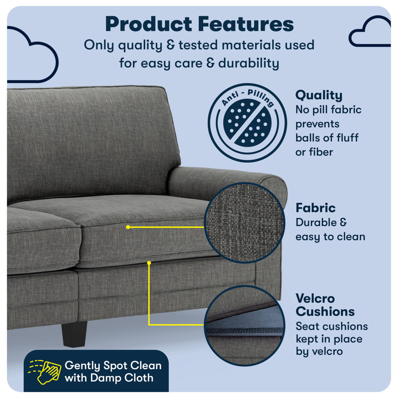 Serta Copenhagen 78" Rolled Arm Sofa, Easy Care Fabric, Soft Pillow Back, Pocket Coil Seat Cushions, Gray 100% Polyester