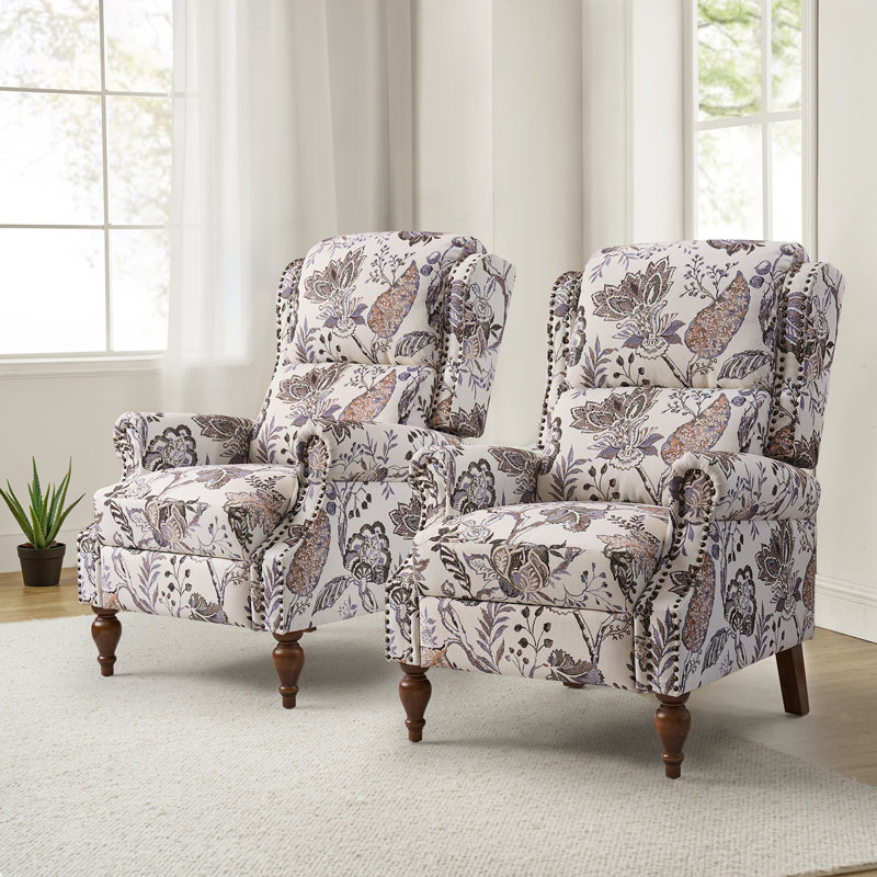 Ariany Floral Polyester Manual Reclining Chairs with Nailhead Trim (Set of 2), Green Polyester