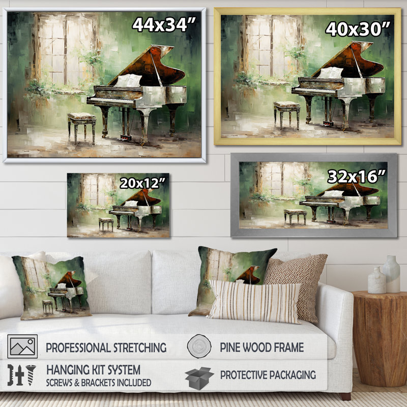 «Green Piano Impressionist», art mural sur toile, Cadre flottant noir, H 12 po x l 20 po x P 1 po