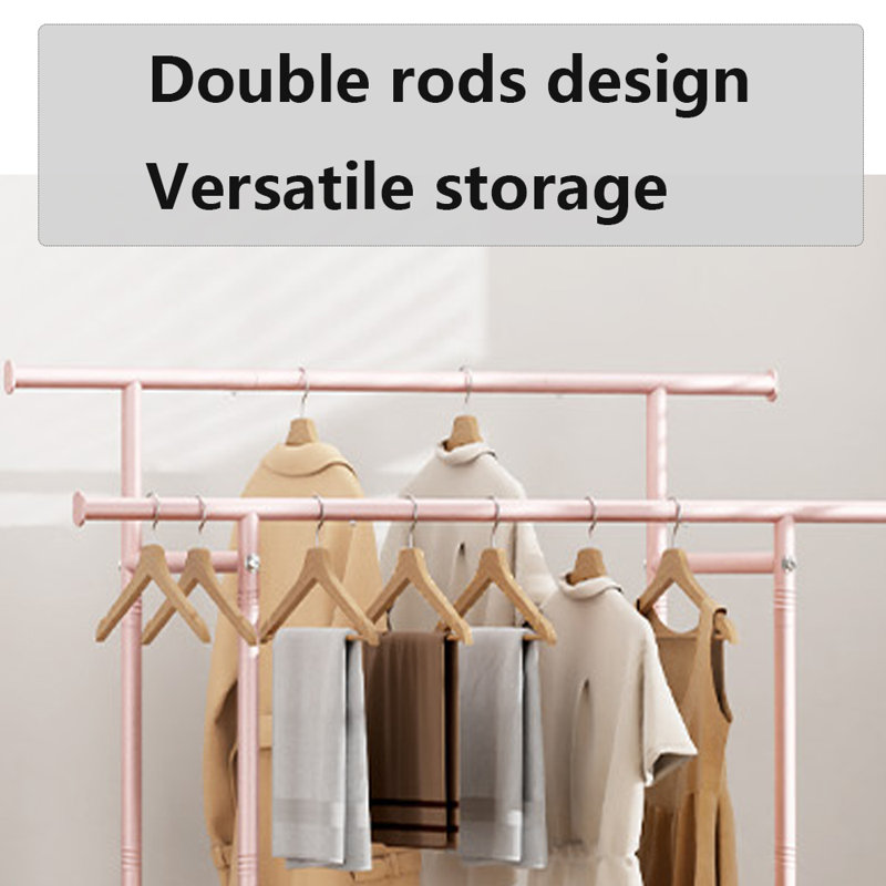 Double tringle à vêtements, supports à roulettes robustes avec roulettes, Rose