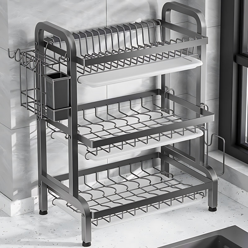 Multifunctional Kitchen Dish Drainer Rack, Utensil Holder And Storage Organizer With Drying Tray For Countertop