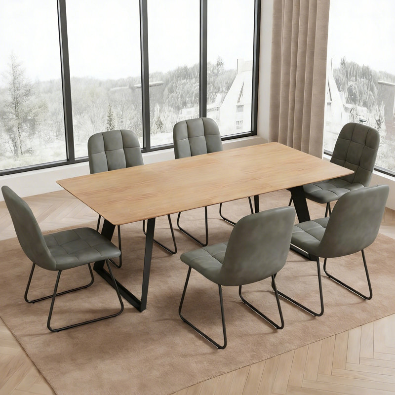 7 - Pices Modern Kitchen Dining Set, 63'' to 86.6'' Extendable Dining Table with 32.8"H Upholstered Dining Chairs for 6 Person