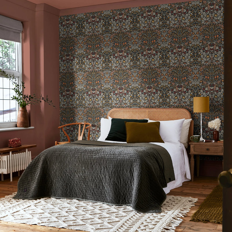William Morris At Home Blackthorn Floral Wallpaper, Black/Orange