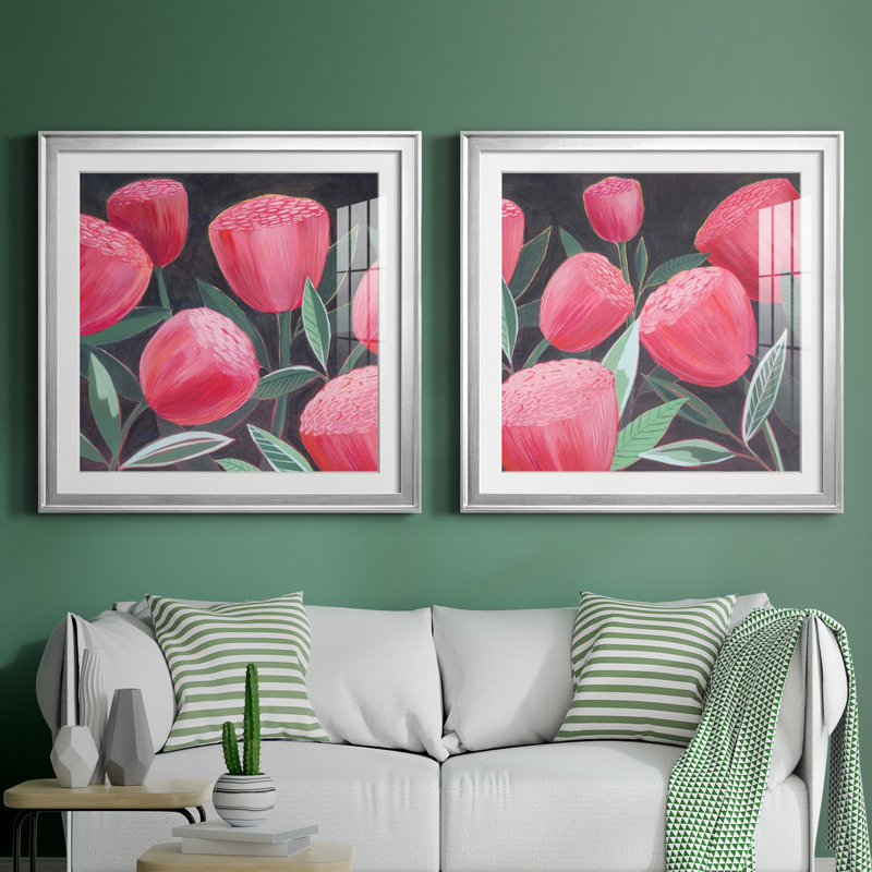 Blush Blossoms I - Blush Blossoms I - ensemble de 2 reproductions d'art encadrées, Papier avec cadre argenté, Blanc