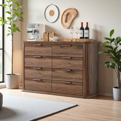 Commode cannelée à 8 tiroirs, commode en bois moderne de 52 po de largeur pour la chambre à coucher, commode à profil incurvé, meuble télé et rangement