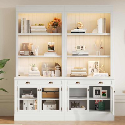 83.4" Tall Bookshelf Suite with LED Lighting, Modern 2-Piece Set Storage Bookcase Suite with Open Shelves for Living Room