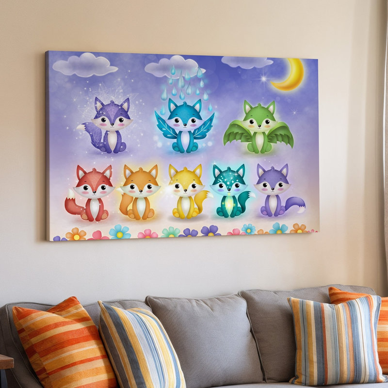 Toile, une scène fantaisiste mettant en vedette une grille de dix adorables renards magiques, chacun avec des élements uniques