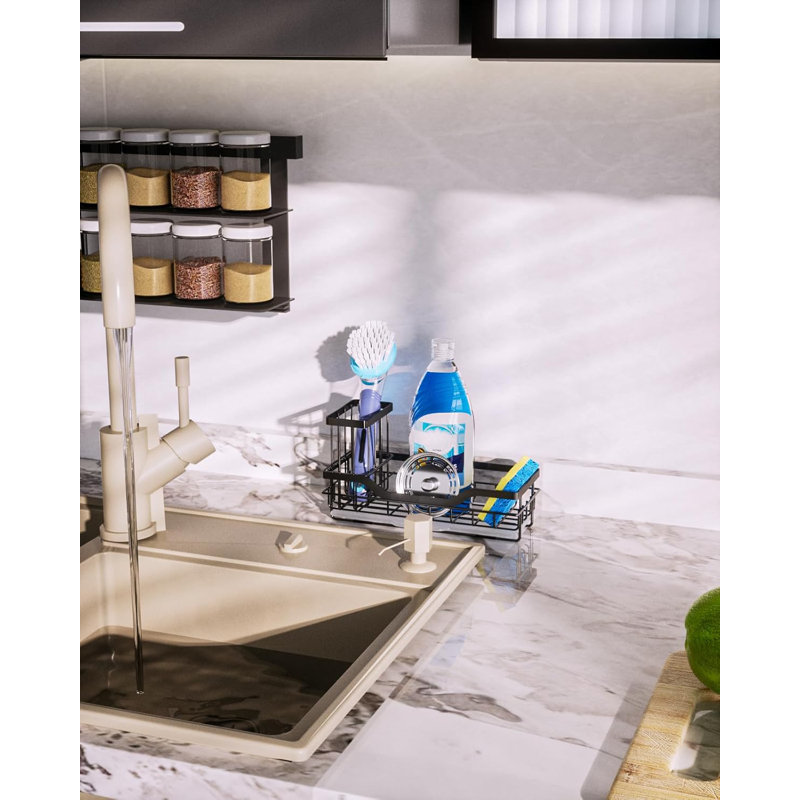Organisateur de bac d'évier avec porte-brosse amovible et plateau de drainage, éponge de cuisine en acier inoxydable antirouille et rangement pour récureur avec conception de drainage creux et base antidérapante