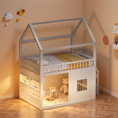 Wooden House Bed With Built-In Led Shelf Light, Safety Guardrails & Sturdy Ladder