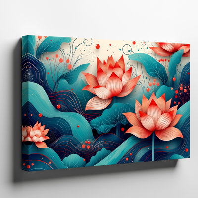 Toile, composition vibrante et minutieusement détaillée mettant en vedette de grandes fleurs de lotus en fleurs dans des tons de corail et d'orange