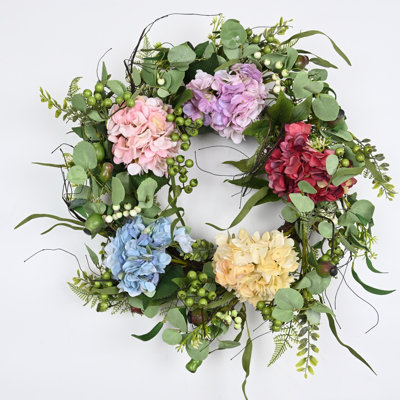 22" Artificial Greenery Foliage Leaves Berry Floral Hydrangea Spring Summer Wreath For Front Door