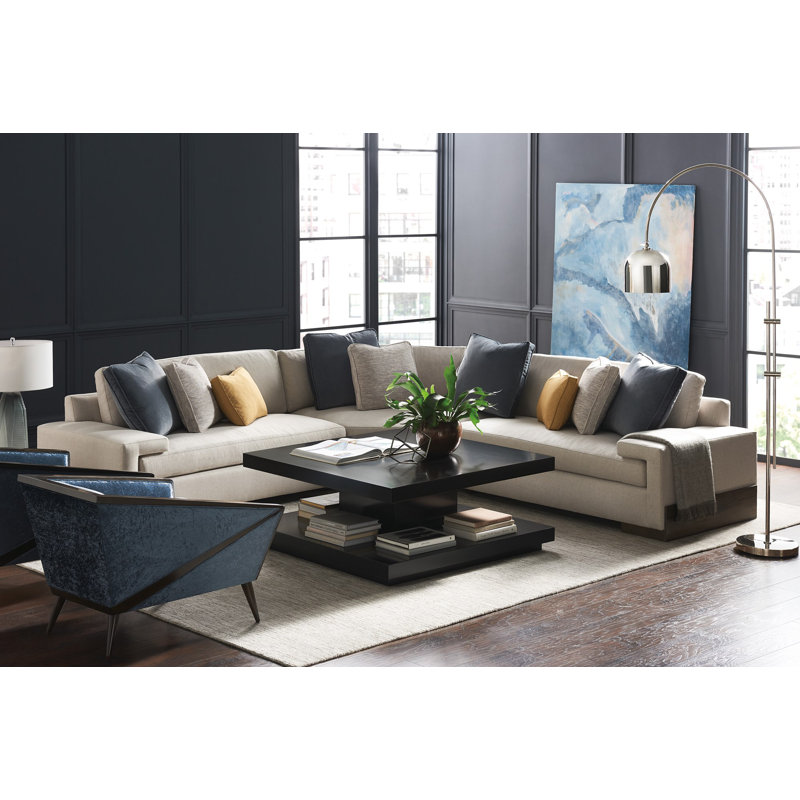 Beige Linen Two-Piece Sectional Sofa with Slate and Goldenrod Pillows