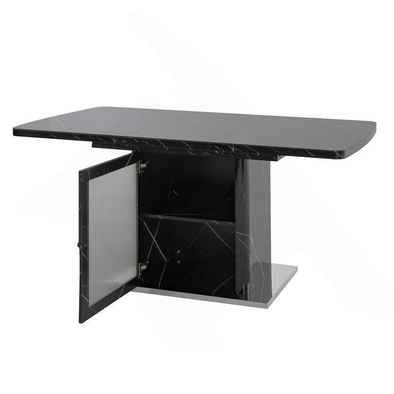 Table de salle à manger rectangulaire moderne de 47,24 à 63 po, extensible, avec plateau en marbre noir imprimé et pieds de table de rangement avec base en métal