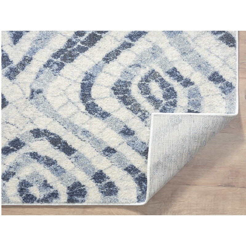 Rectangular Blue and Ivory Geometric Synthetic Area Rug