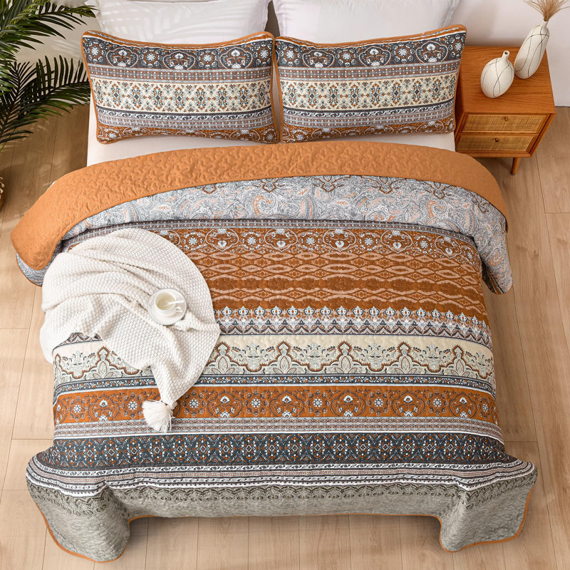 Ensemble de 3 courtepointe Boho Bohemian, Brun / Gris, Courtepointe très grand et 2 très grandes taies 