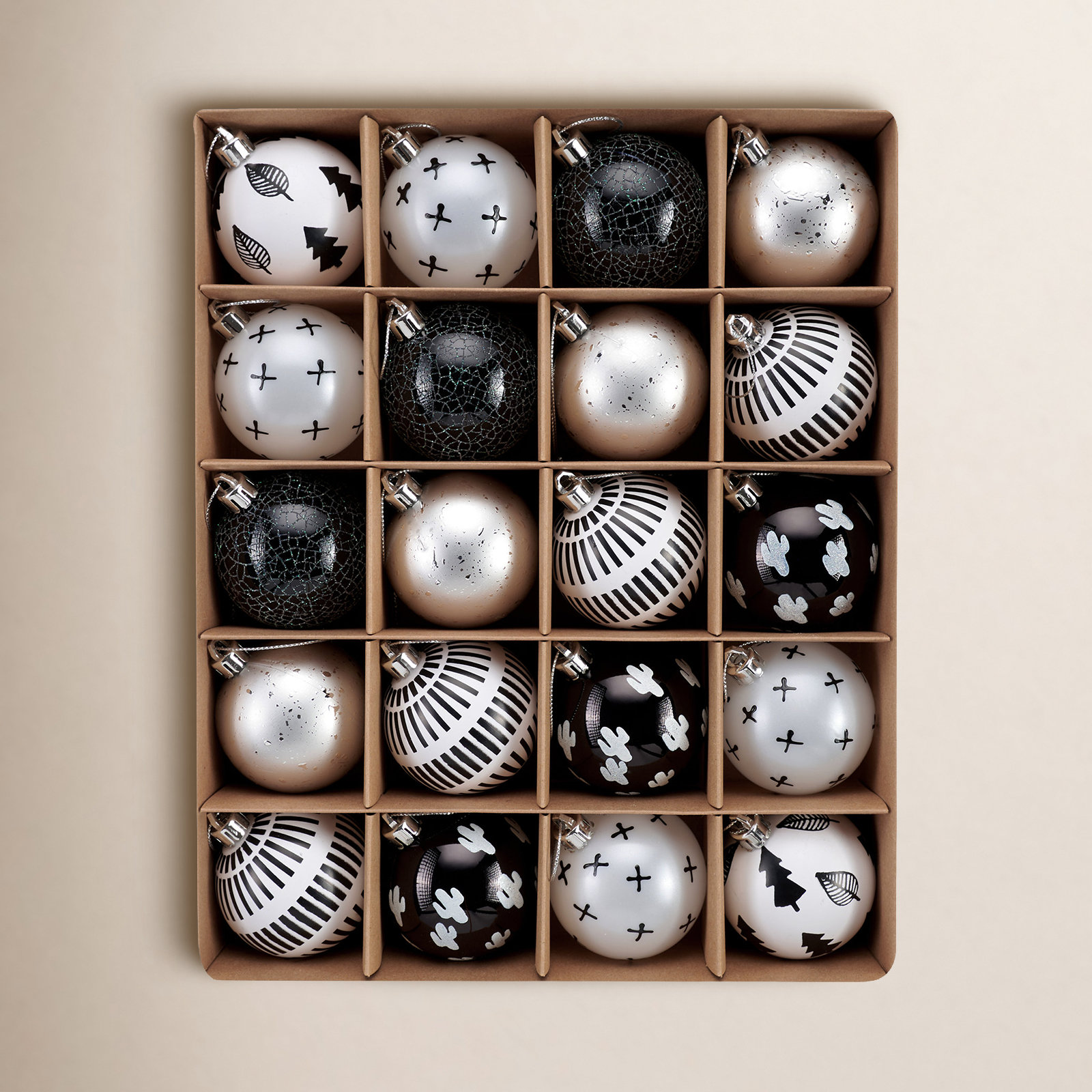 Kaimani 20ct 60mm Shatterproof Christmas Ornaments, Boho Black/White