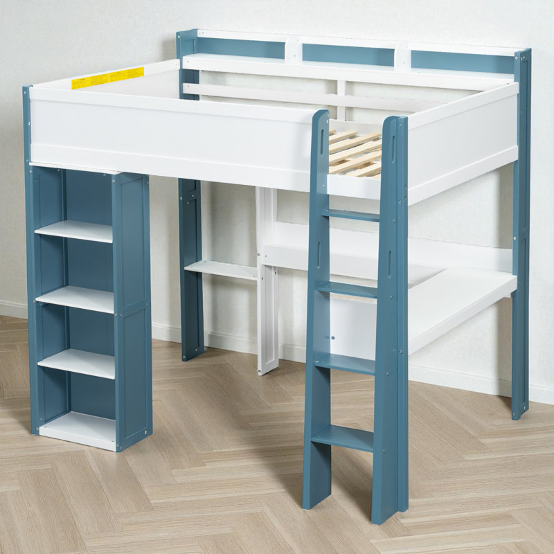 Full Loft Bed With Built-In Desk And Storage, White/Blue