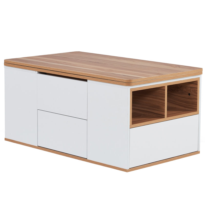 Adalin Lift Top Solid Coffee Table with Storage, Natural Wood, White