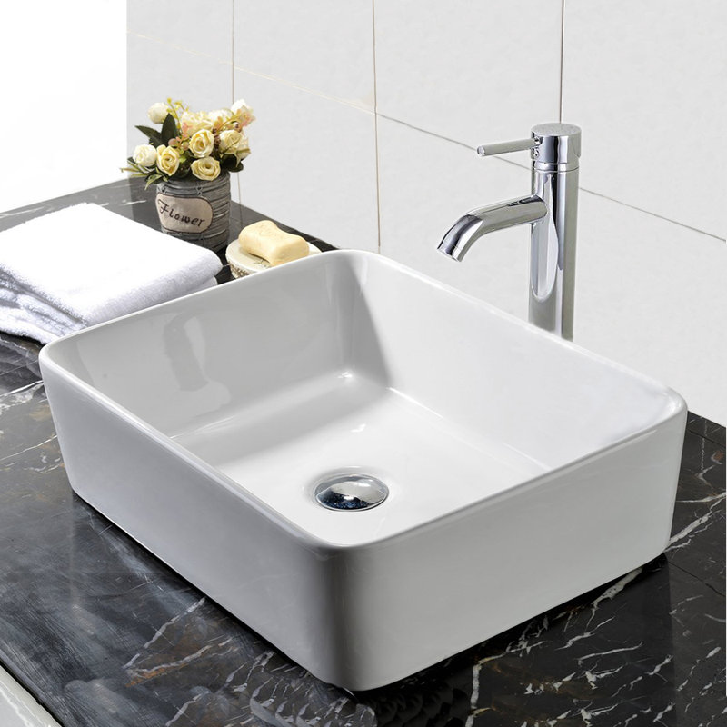 Lavabo de salle de bain vasque rectangulaire en céramique blanche 18 po x 15 po avec robinet chromé