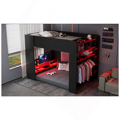 Lit double superposé en bois double avec bureau à hauteur réglable, garde-robe, grand espace de rangement et lumière RVB, rouge