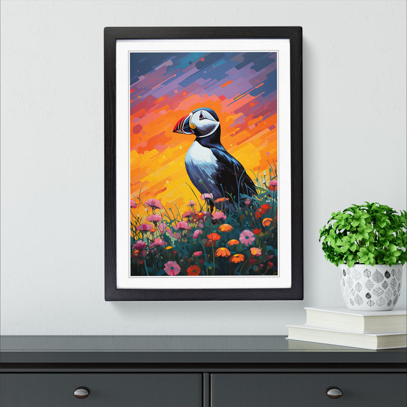 Puffin Colour Field - Single Picture Frame Print on Wood, Black Framed, 64cm H x 46cm W x 2cm D