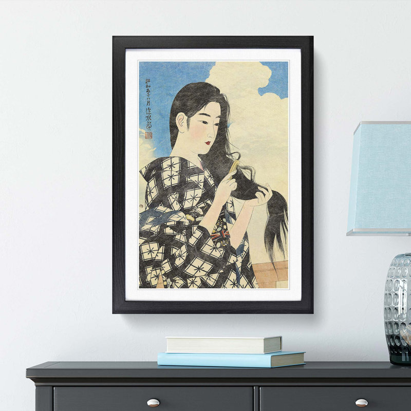 Girl Combing Her Hair by Ito Shinsui - Picture Frame Painting Print, 65cm H x 48cm W x 2cm D, Black Framed