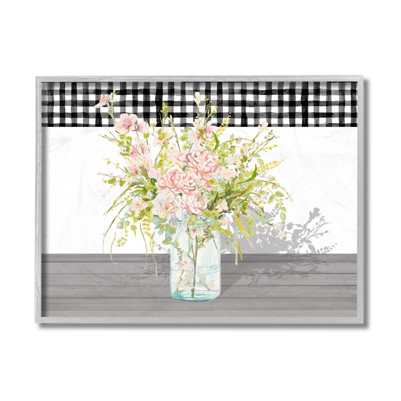 Motif à carreaux rose rose bouquet charmant en Vichy par Patricia Pinto-impression d’art graphique, Plaque murale