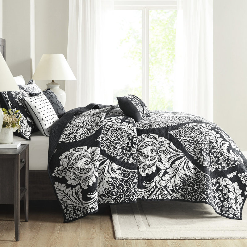 Literie réversible avec motif - coton double / grand noir et mélange, Noir, Courtepointe double / grand + 5 pièces supplémen