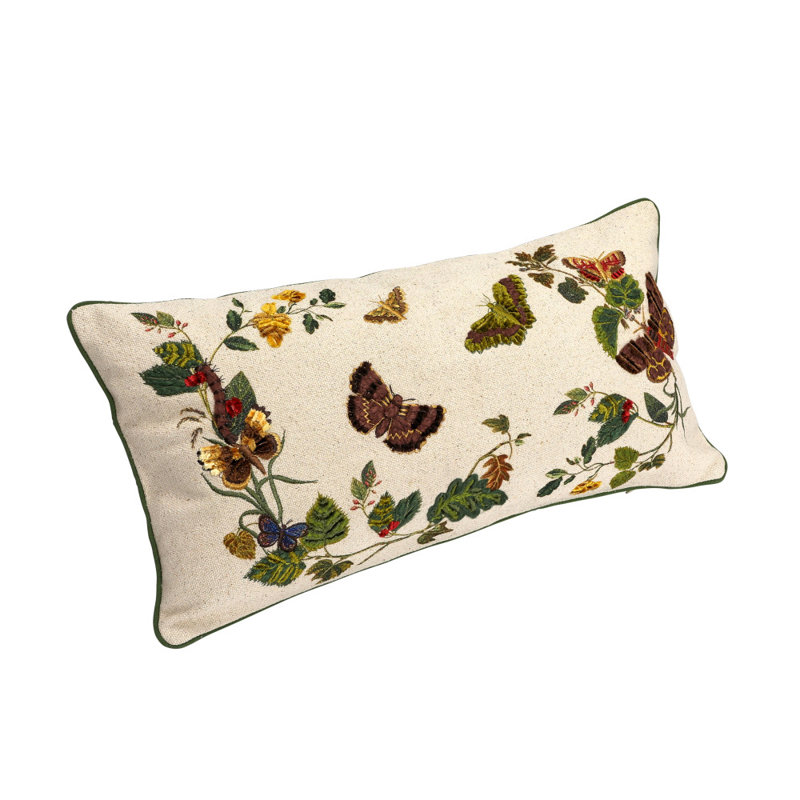 Embroidered Butterfly and Flower Lumbar Pillow with Piping