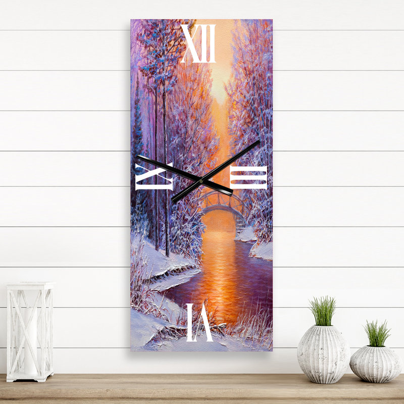 Pont sur la rivière dans un paysage d'hiver - Horloge murale traditionnelle, Grand