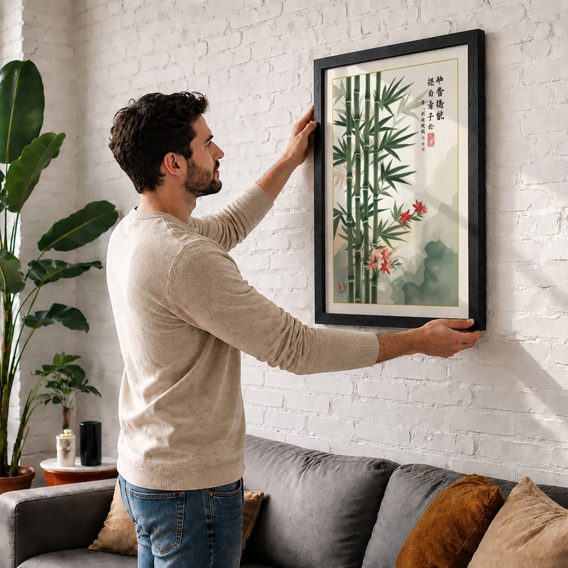 Bamboo and Blossom Japandi - Framed Print, A3 - 42.0 x 29.7 cm, White