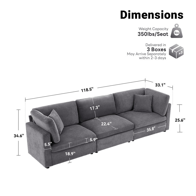 118.5” W Oversized Down-Filled 3-Seater Modular Sofa, Light Gray