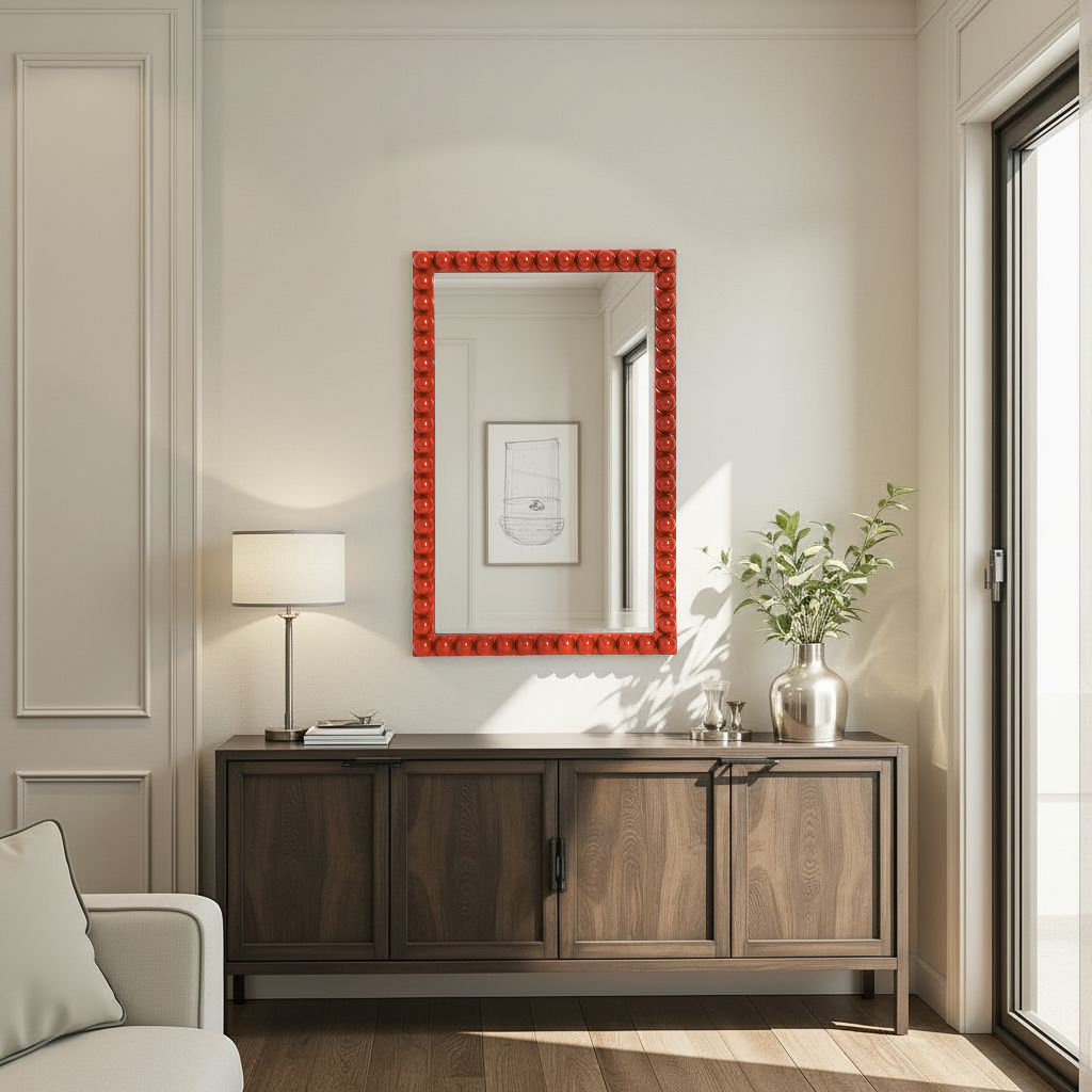 Varsha Rectangle  Glossy Nickle Mirror, Light Red