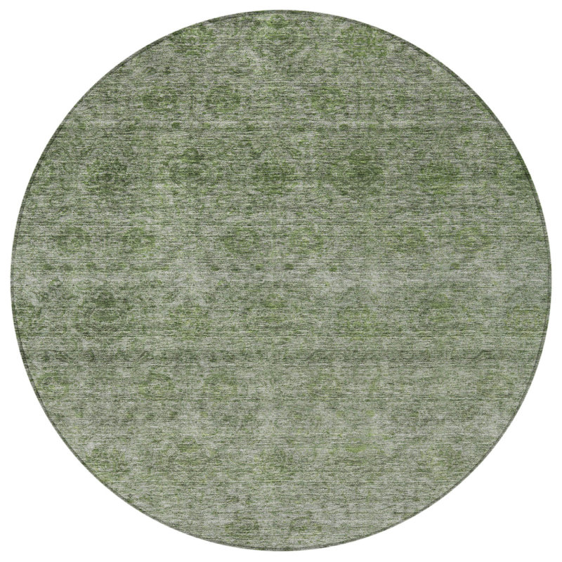 Tapis extérieur rond lavable floral vert olive et beige 8 pi 8 po