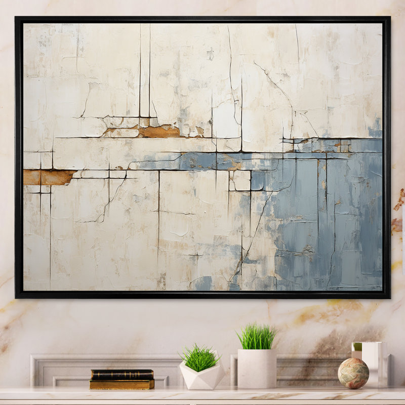 Abstrait bleu et beige sur route, collage, H 12 po x l 20 po x P 1 po, Cadre flottant noir