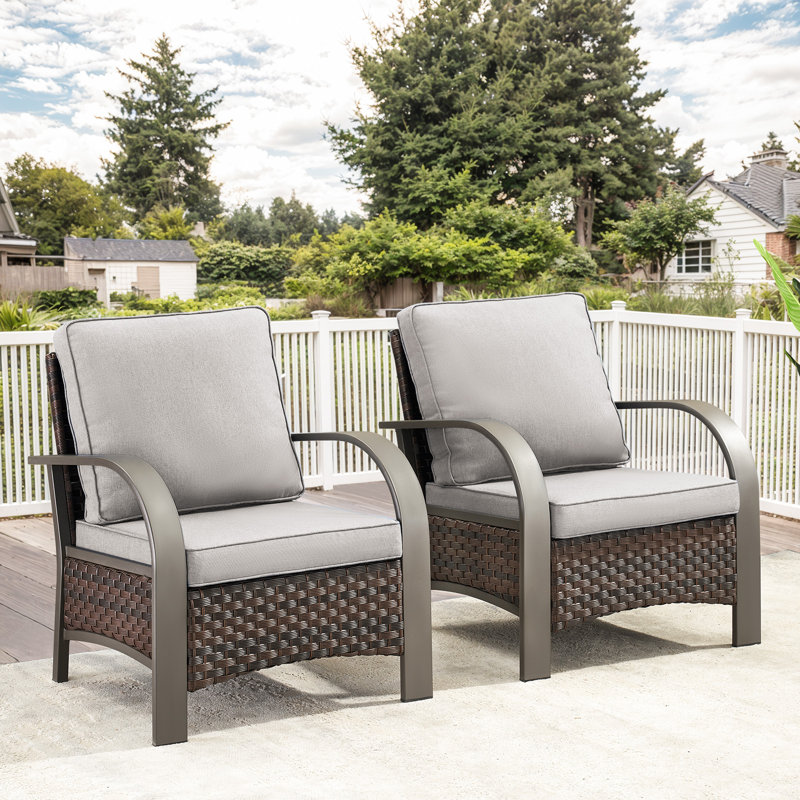 Bobra Patio Wicker Outdoor Club Chair with Cushions(Set of 2), Beige