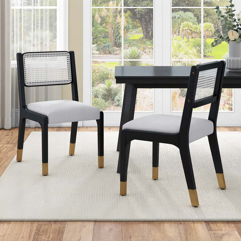Ensemble de 2 chaises de salle à manger en bois avec pieds rembourrés en bois massif et siège rembourré, Noir et or