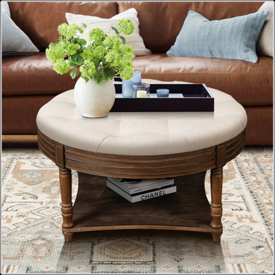 Grande table basse ronde avec repose-pieds imperméable avec rangement à 2 niveaux et capitonnage surdimensionné pour une vie moderne
