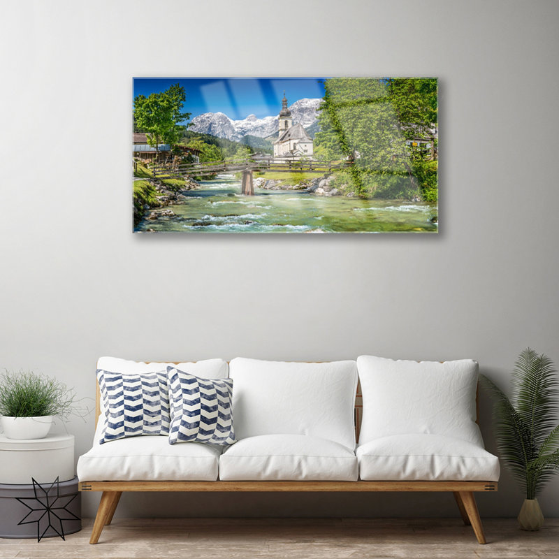 Nature Church Bridge Lake Trees - No Frame Print on Glass