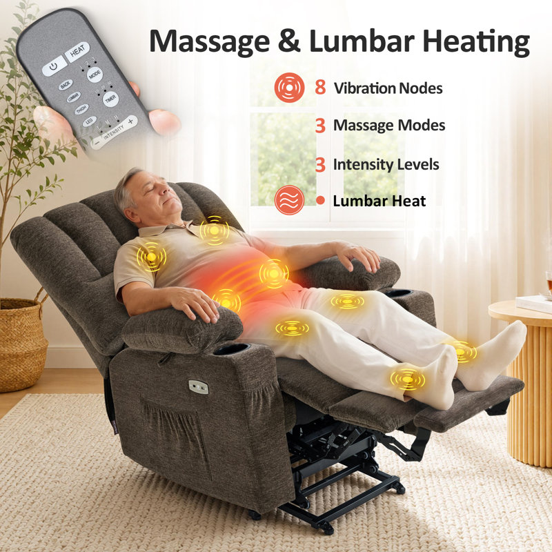 Maysoun 27.2'' Extra Wide Power Recliner Lift Chair with Massage and Heat for Big People, Fabric, Brown Fabric