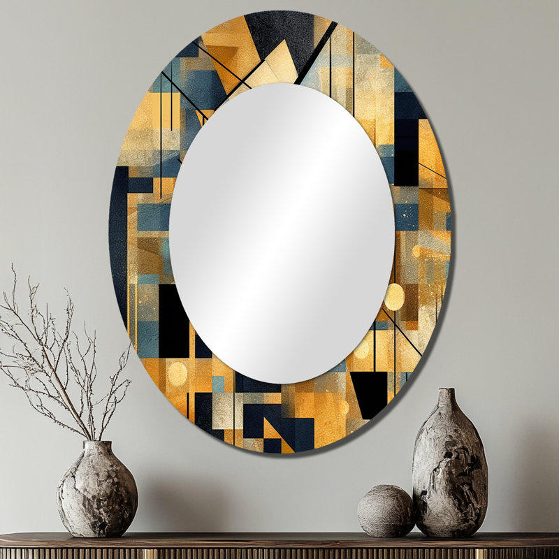 Gold Cubist Visions II - Miroir décoratif abstrait ovale sur métal, 40 po x 30 po