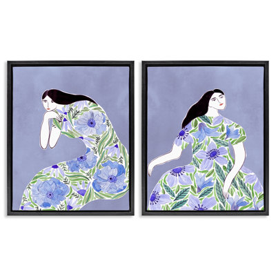 Floral Women on Purple 2 PC Framed Floater Canvas Set by Melissa Wang