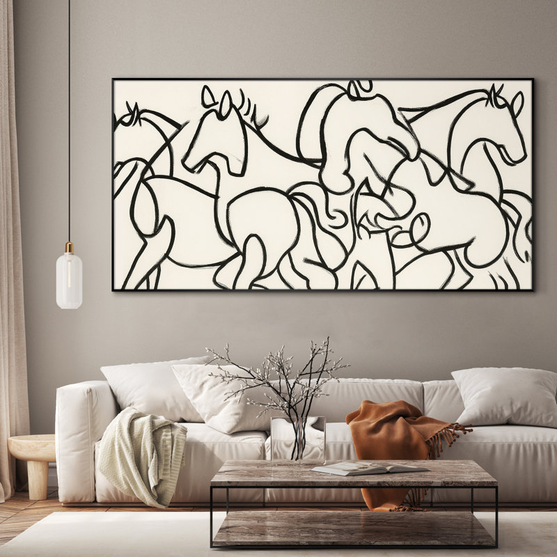 Troupeau de chevaux minimaliste - art mural encadré très grand (assemblage requis), H 24 po x l 46 po