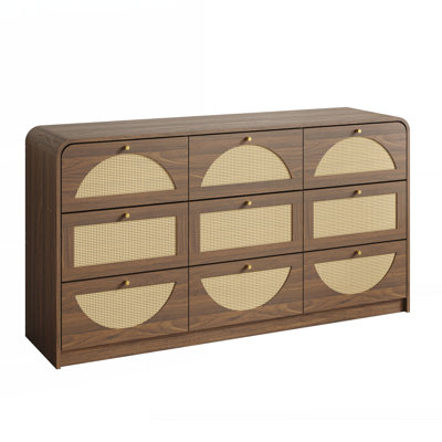Commode 9 tiroirs avec façade en rotin, armoire de rangement moderne pour le salon de la chambre à coucher, structure robuste et grande capacité