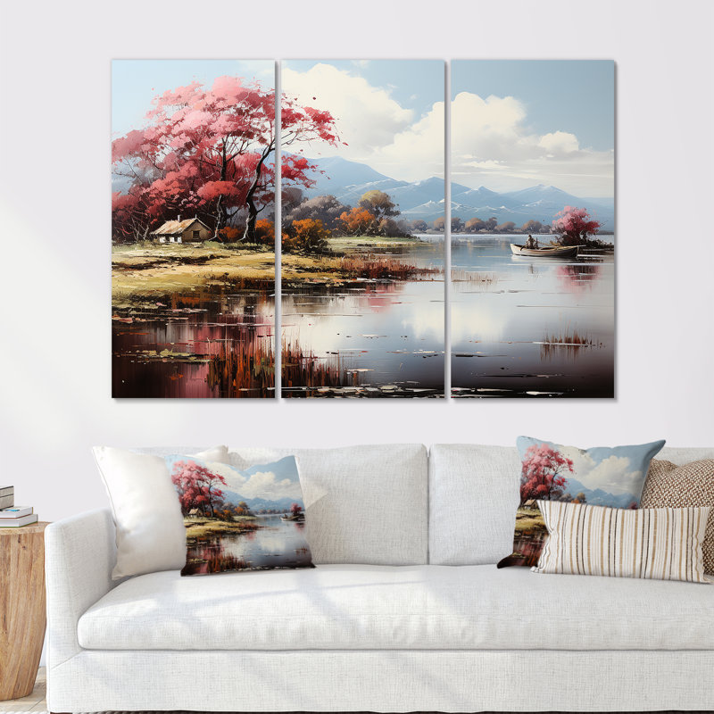 «Lakeside Fall Foliage Serenity I - River», ensemble d'art mural, H 32 po x l 48 po x P 1 po