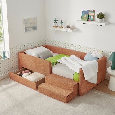 YDT Twin Multi-Functional Kids Bed with Guardrails, Storage and Safety Step Stool, Boucle Fabric