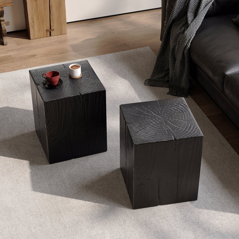 Table de bout à colonne carrée à l'apparence de bois MGO, H 18 po, finition vieillie d'aspect bois, mélange avec différentes hauteurs, utilisation à l'intérieur ou à l'extérieur