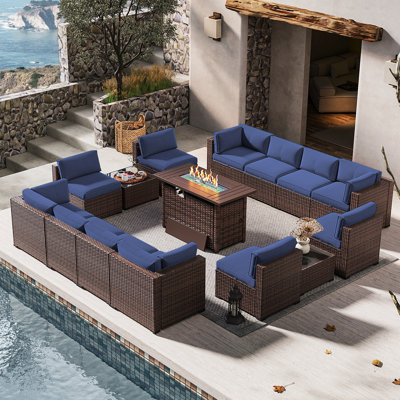 Tomijs 15 Piece Rattan Sofa Seating Group with Fire Fit Table