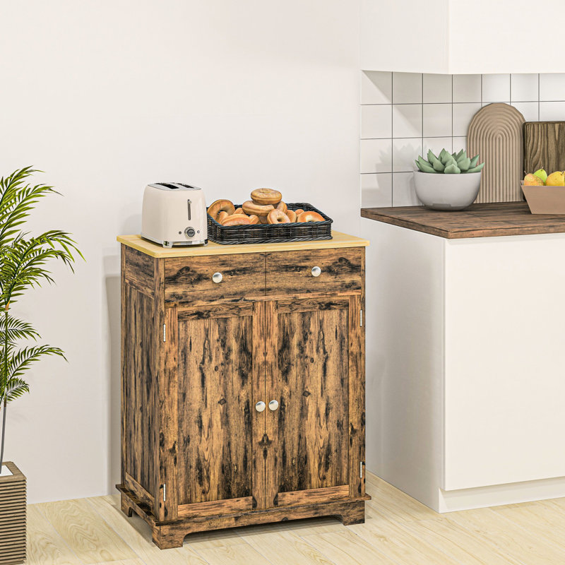 Rustic Brown Storage Cabinet - Sideboard With Solid Wood Countertop. 2 Drawers, Doors, Adjustable Shelf. For Kitchen, Dining, Living Room. 26.75"W X 15.75"D 33.5"H Space