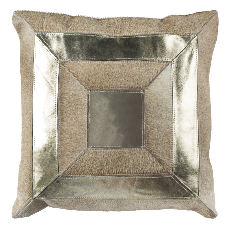 Beige and Gold Metallic Cowhide 20" Square Pillow